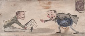1894 front used locally in London, showing hand painted water colour of two gents greeting each other, franked 1d lilac, with tied London cds