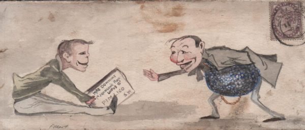 1894 front used locally in London, showing hand painted water colour of two gents greeting each other, franked 1d lilac, with tied London cds