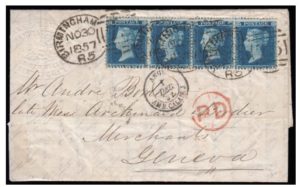 1857 sg34 strip (BB-BE) cover to Geneva