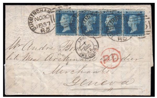 1857 sg34 strip (BB-BE) cover to Geneva