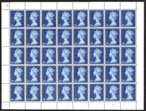 QEII 1969 sg789 10/- deep ultramarine complete sheet - U/M