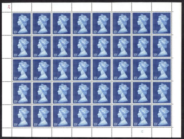 QEII 1969 sg789 10/- deep ultramarine complete sheet - U/M