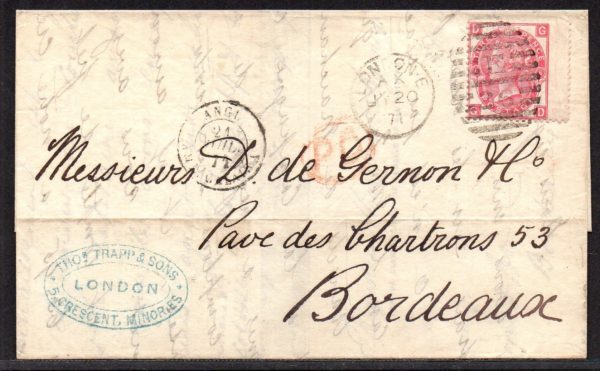 QV sg103 3d rose (G-D) plate 6 on 1871 London to Bordeaux entire