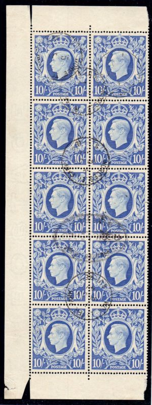 KGVI sg478b 10s ultramarine block fine used 1947 Worcester Park cds