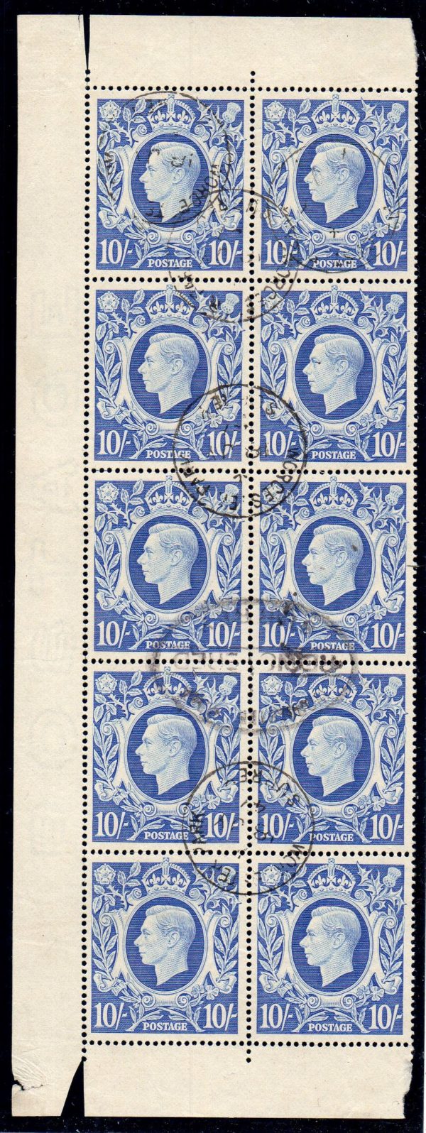 KGVI sg478b 10s ultramarine block fine used 1947 Worcester Park cds