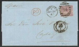 QV sg97 6d lilac (J-B) plate 5 on 1867 wrapper to Cadiz