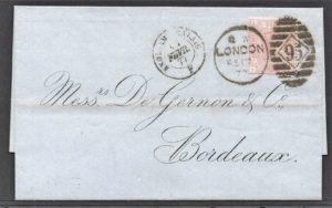 QV sg141 2½d rosy mauve (I-I) on 1877 entire to Bordeaux