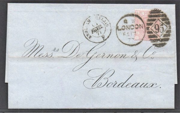 QV sg141 2½d rosy mauve (I-I) on 1877 entire to Bordeaux
