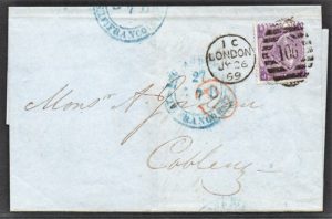 QV sg108 6d dull violet (P-K) plate 8 on 1869 wrapper to Coblenz