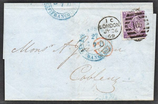 QV sg108 6d dull violet (P-K) plate 8 on 1869 wrapper to Coblenz