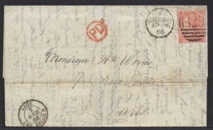 QV sg94/95 4d vermilion (S-D) plate 7 on 1866 Grimsby to Paris entire
