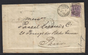 QV sg109 6d mauve (M-L) plate 9 on 1871 wrapper to Paris