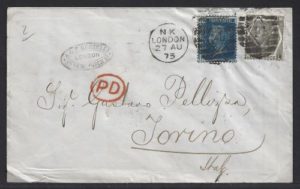 QV 1873 cover to Torino Italy with sg47 (plate 14) & sg125