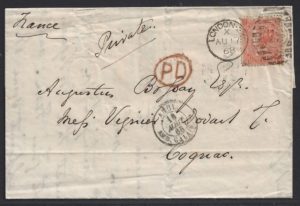 QV sg94/95 4d vermilion (H-J) plate 9 on 1868 entire to Cognac, France