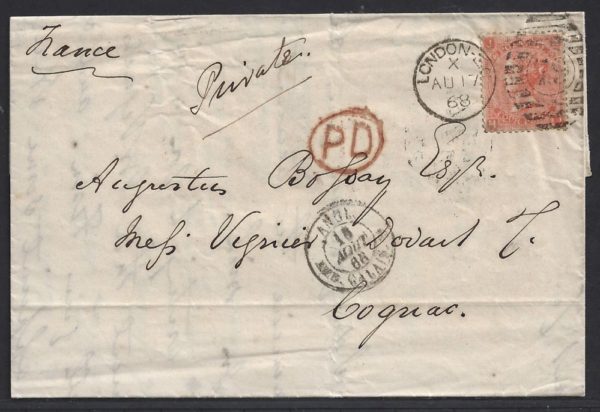 QV sg94/95 4d vermilion (H-J) plate 9 on 1868 entire to Cognac, France