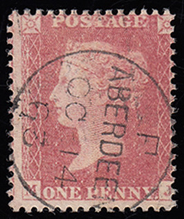 QV sg40 1d red (M-J) plate 55 with fine 1863 Aberdeen cds