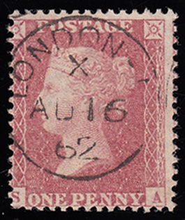 QV sg40 1d red (S-A) plate 55 with fine 182 London cds