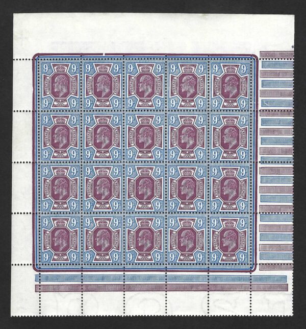 KEVII sg307 M41(3) 9d dull reddish purple & blue pane - U/M