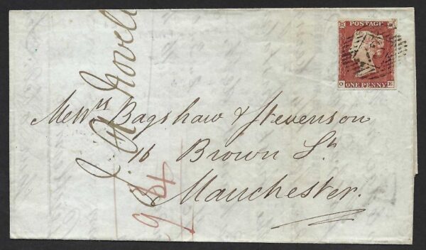 QV sg8 1d red (O-E) plate 51 on 1845 entire to Manchester
