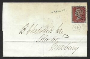 QV sg8 1d red (C-L) plate 55 on 1845 York to Dewsbury cover