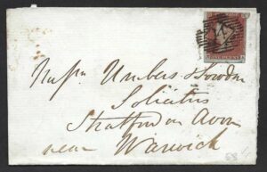 QV sg8 1d red (E-A) plate 58 on 1845 part wrapper to Warwick