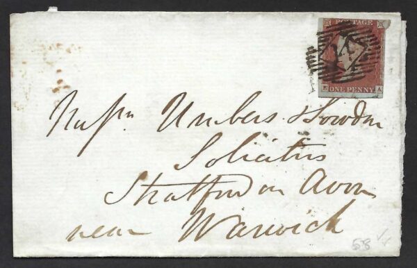 QV sg8 1d red (E-A) plate 58 on 1845 part wrapper to Warwick