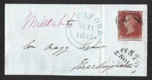QV sg8 1d red (D-B) plate 62 on part 1845 wrapper "Missent" to Sleaford