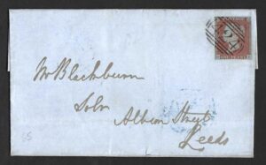 QV sg8 1d red (O-I) plate 65 on 1847 Knaresborough to Leeds wrapper