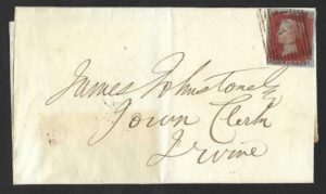 QV sg8 1d red (P-D) plate 66 on 1846 Edinburgh to Irvine wrapper