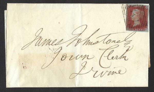 QV sg8 1d red (P-D) plate 66 on 1846 Edinburgh to Irvine wrapper