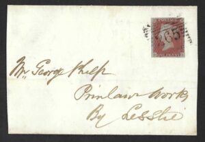 QV sg8 1d red (G-L) plate 86 on 1849 part wrapper, Newburgh to Leslie via Edinburgh and Markinch