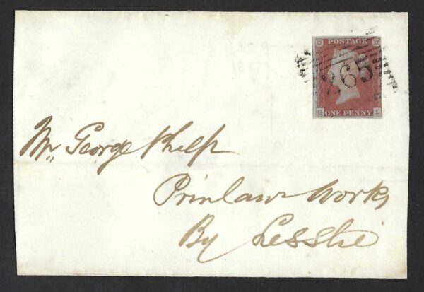 QV sg8 1d red (G-L) plate 86 on 1849 part wrapper, Newburgh to Leslie via Edinburgh and Markinch