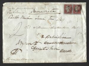 QV sg8 1d red pair (HG-HH) plate 88 on much travelled 1849 cover