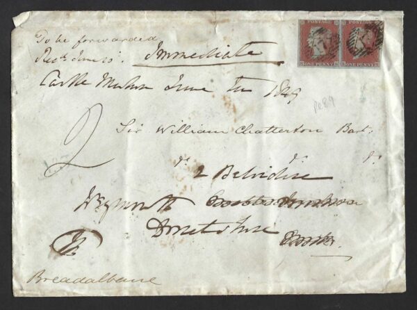 QV sg8 1d red pair (HG-HH) plate 88 on much travelled 1849 cover