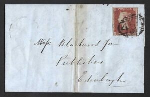 QV sg8 1d red (E-D) plate 91 on 1850 entire to Edinburgh