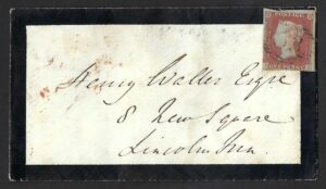 QV sg8 1d red (D-J) plate 93 on mourning cover