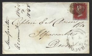 QV sg8 1d red (E-H) plate 59 on London to Ilfracombe cover