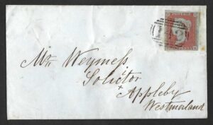 QV sg8 1d red (Q-E) plate 106 on 1852 Brough to Appleby cover