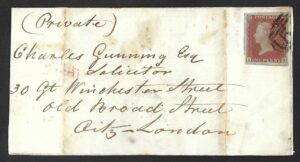 QV sg8 1d red (A-H) plate 113 on 1851 Bath to London entire