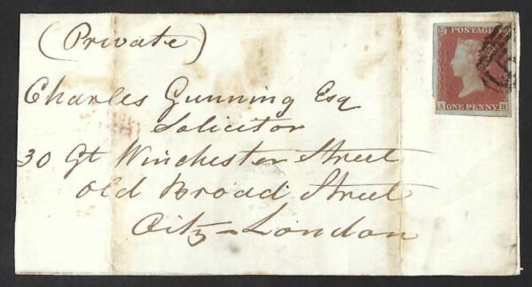 QV sg8 1d red (A-H) plate 113 on 1851 Bath to London entire