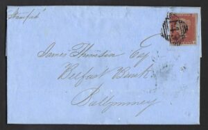 QV sg8 1d red (R-A) plate 116 on 1852 Coleraine to Balleymoney entire