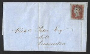 QV sg8 1d red (A-L) plate 127 on 1852 Taunton to Launceston cover