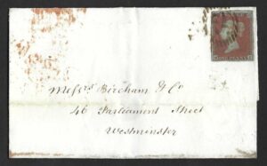 QV sg8 1d red (M-J) plate 97 on wrapper to Westminster