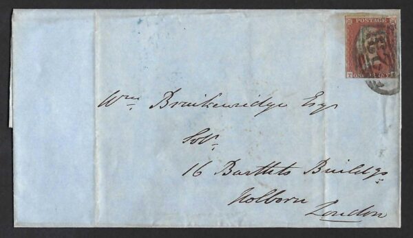 QV sg8 1d red (T-I) plate 129 on 1852 Southampton to London wrapper
