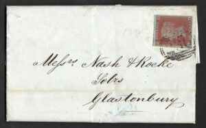 QV sg8 1d red (G-E) plate 129 on 1851 Crewkerne to Glastonbury entire