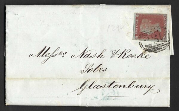 QV sg8 1d red (G-E) plate 129 on 1851 Crewkerne to Glastonbury entire