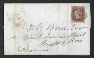 QV sg8 1d red (C-K) plate 104 on 1850 wrapper to Bedford Row, London