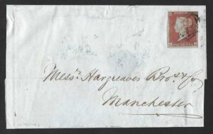 QV sg8 1d red (L-H) plate 108 on 1851 Birkenhead to Manchester part wrapper