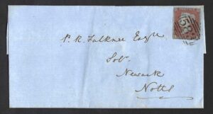 QV sg8 1d red (K-L) plate 100 on 1851 entire to Newark