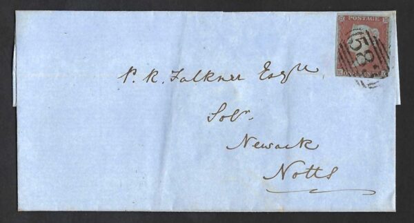 QV sg8 1d red (K-L) plate 100 on 1851 entire to Newark